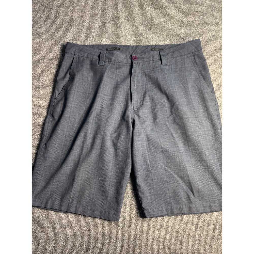 O'Neill Chino Shorts Mens Size 34 Gray Plaid Relaxed Fit Slash Pockets Pony Logo
